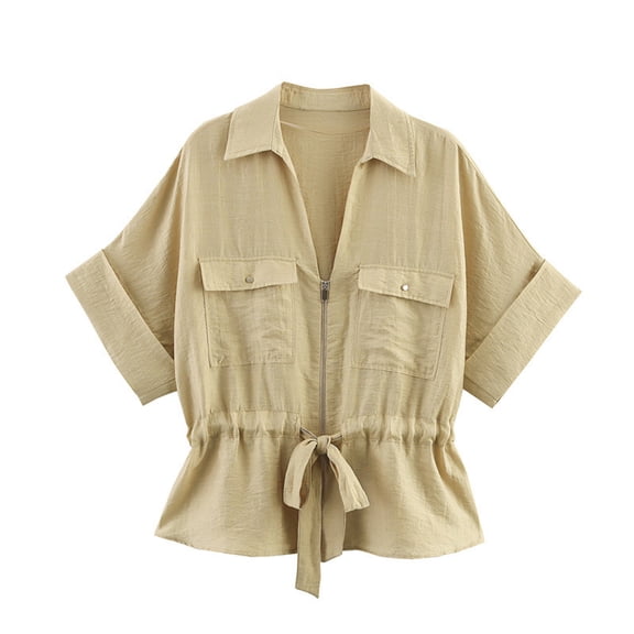 Women's Linen Blend V-Neck Short Sleeve Top with Drawstring Waist and Zipper Detail