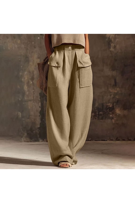 Women's Linen Blend Wide Leg Cargo Pants with Pockets, Soft Nylon Spandex Comfort, Mid Waisted Tummy Control Flattering Fit, Lightweight Summer Travel Work Lounge Pants, Casual