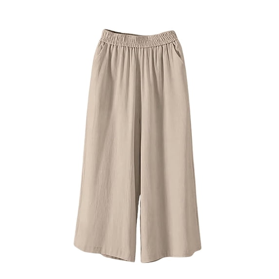 Women's Linen Blend Wide Leg Culottes Pants Elastic Waist with Gathered Pleats Breathable Loose Fit Mid-Length Trousers for Spring Summer Beige XL(XL)