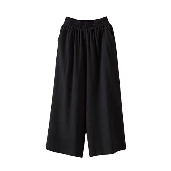 Women's Linen Blend Wide Leg Culottes Pants Elastic Waist with Gathered Pleats Breathable Loose Fit Mid-Length Trousers for Spring Summer Black XXL(XXL)