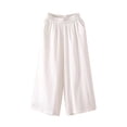 thumbnail image 1 of Women's Linen Blend Wide Leg Culottes Pants Elastic Waist with Gathered Pleats Breathable Loose Fit Mid-Length Trousers for Spring Summer Red L(L), 1 of 5