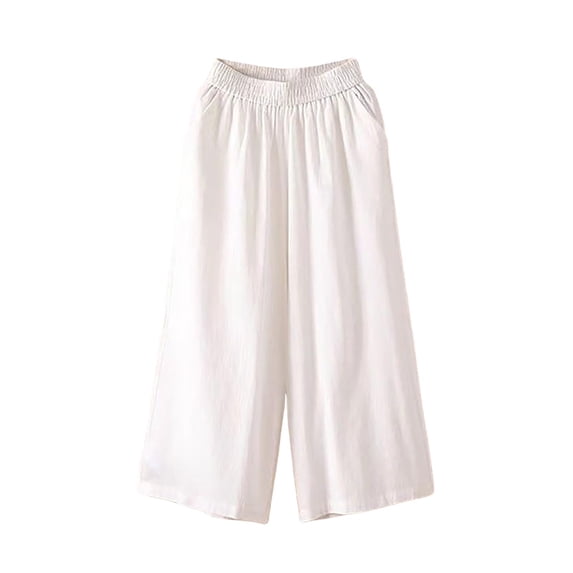 Women's Linen Blend Wide Leg Culottes Pants Elastic Waist with Gathered Pleats Breathable Loose Fit Mid-Length Trousers for Spring Summer Red L(L)