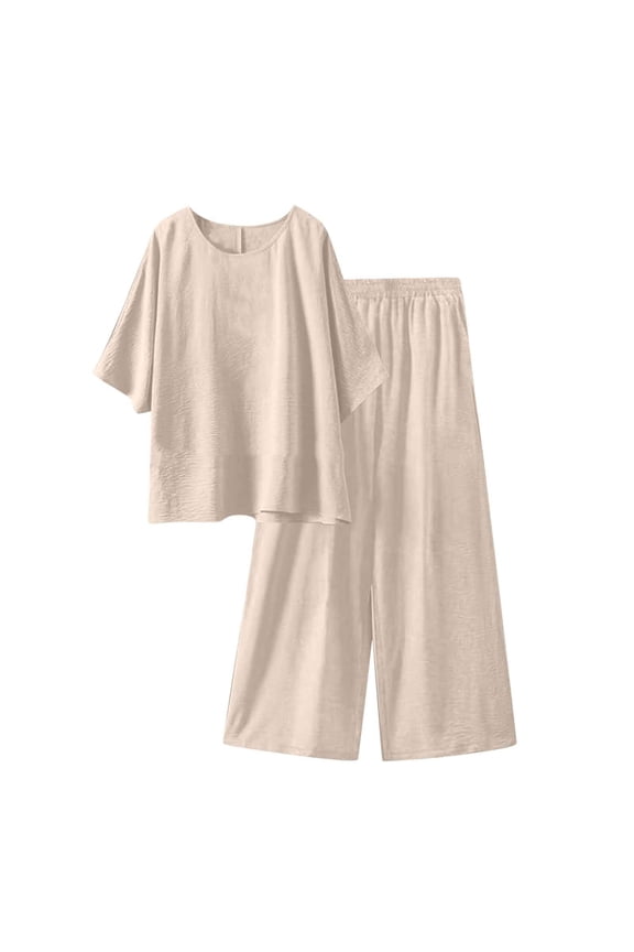 Women's Linen-Blend Wide-Leg Pant Set – V-Neck Short Sleeve Top + Travel-Ready Trousers | Plus Size Friendly Wrinkle-Resistant Lounge-to-Beach Set