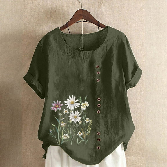 Women's Linen Blouse Tops Crew Neck Short Sleeve Vintage Tunic Casual Shirts Army Green XL