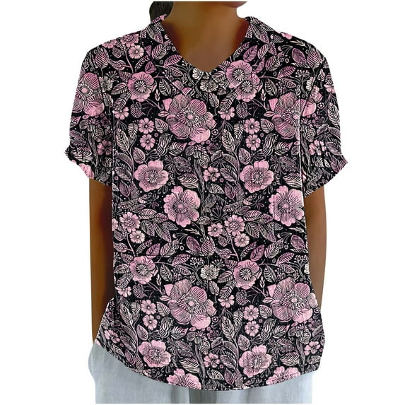 Women's Linen Blouses Peter Pan Collar Vintage Floral Puff Short Sleeve Shirts Summer Trendy Dressy Casual Tops (L, Multicolor 6)