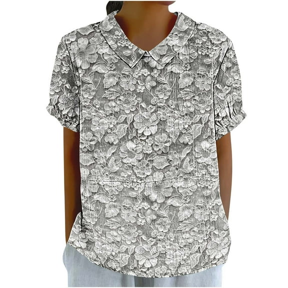 Women's Linen Blouses Peter Pan Collar Vintage Floral Puff Short Sleeve Shirts Summer Trendy Dressy Casual Tops (M, Multicolor 7)