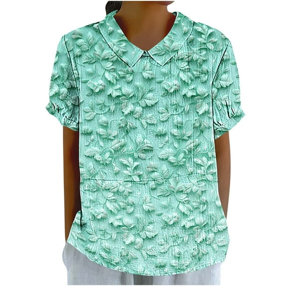 Women's Linen Blouses Peter Pan Collar Vintage Floral Puff Short Sleeve Shirts Summer Trendy Dressy Casual Tops (XL, Multicolor 3)