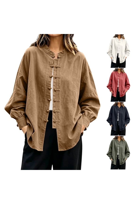 Women's Linen Blouses Quilted Button Down Tops Crewneck Solid Color Long Sleeve Shirts Red XXL