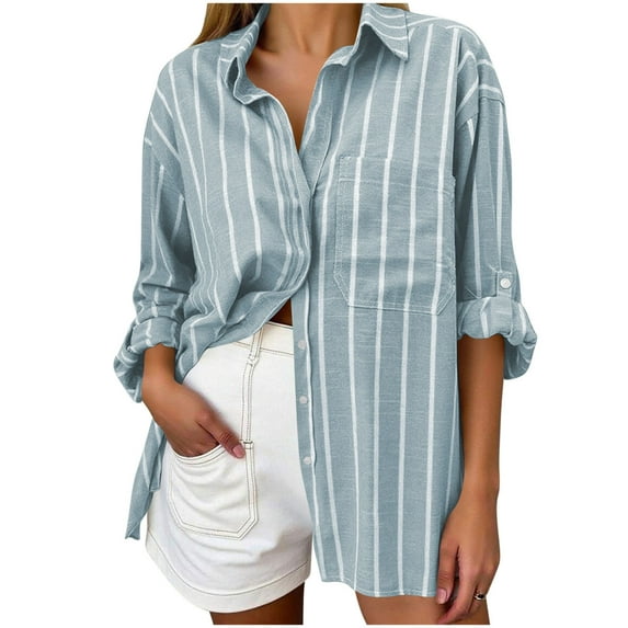 Women's Linen Blouses & Shirts Stripe Long Sleeve Turndown Collar Button Down Long Shirt with Pockets Comfortable Elegant Tunic Tops Fall Winter Casual Loose Cardigan Tees Size S-XXL