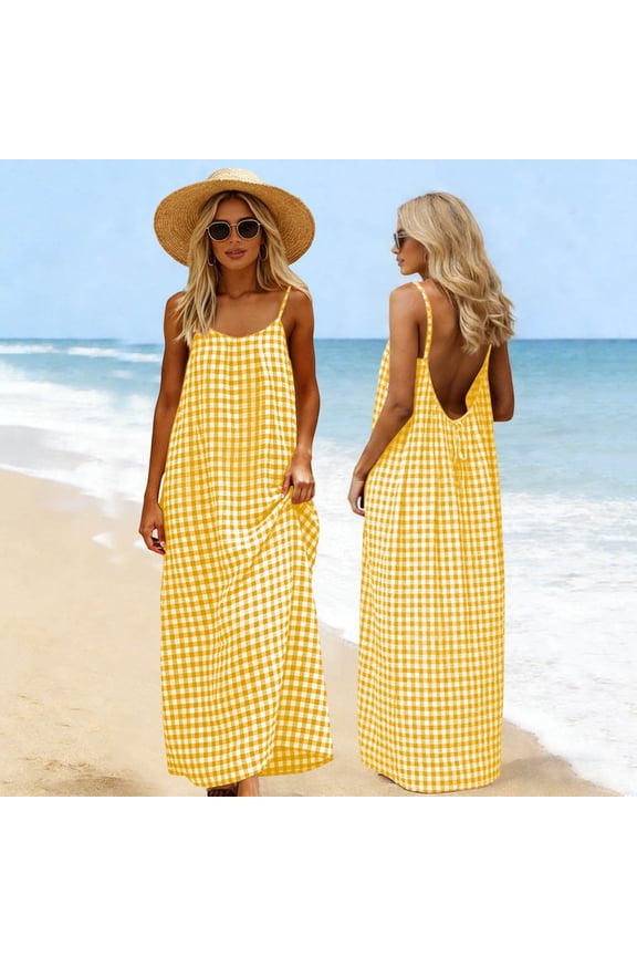 Women's Linen Boho Maxi A-Line Dress Spaghetti Strap Backless Gingham Check Plaid Sundress Flowy High Waist Summer Beach Holiday Wedding Guest Party Long Dress