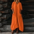 thumbnail image 1 of Women's Linen Boho Maxi Dress Deep V Neck Long Sleeve Loose Fit Oversized Kaftan Gown with Pockets Irregular Hem Flowy Breathable Summer Vacation Beach Party Wear, 1 of 7