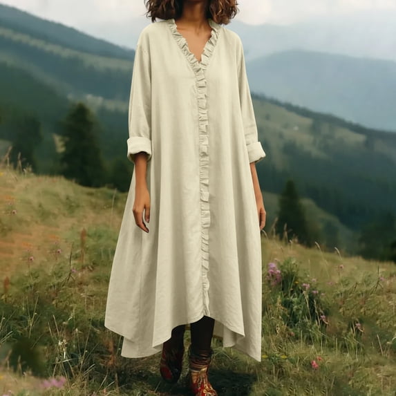 Women's Linen Boho Summer Maxi A-Line Dress V-Neck Long Sleeve Ruffle Trim Tiered Hem Flowy Beach Dress Elegant Loose Fit High-Low Caftan Dress Vacation Sun Dress
