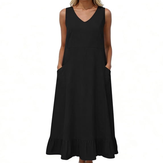 Women's Linen Boho Summer Maxi Dress V Neck Sleeveless High Waist Tiered Ruffle Hem Flowy Swing Long Dress with Pockets Casual Beach Vacation Sun Dress Loose Fit Gown