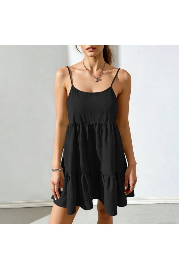 Women's Linen Boho Summer Mini Tiered Dress Spaghetti Strap Sleeveless Ruffle Hem Sundress Empire Waist Flowy Beach Vacation Dress Flattering Loose Fit Casual Apparel