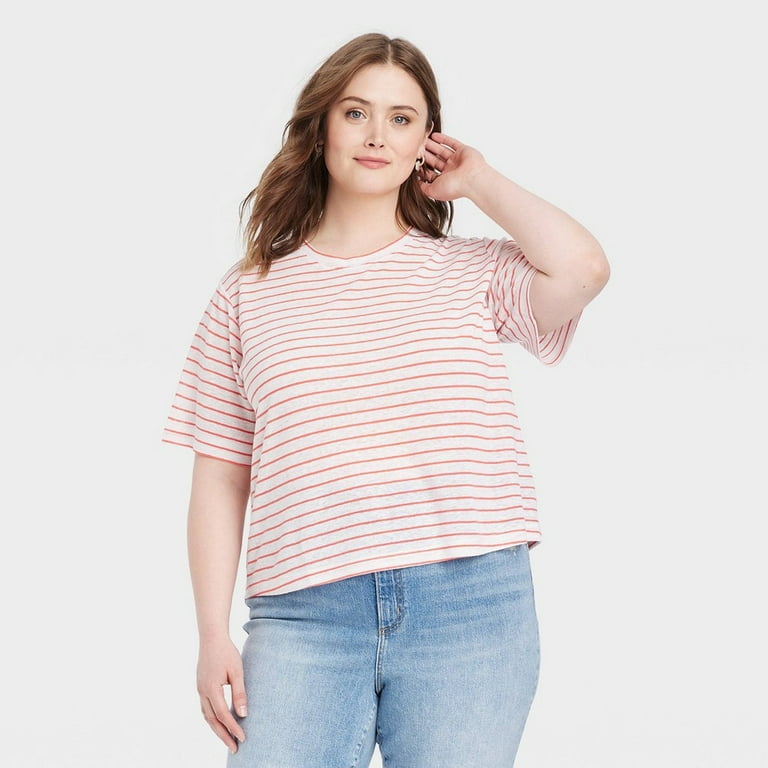 Women's Linen Boxy Short Sleeve T-Shirt - Universal Thread White Striped 3X  
