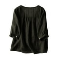 thumbnail image 1 of Women's Linen Boxy Top Patchwork Blouse Casual Loose Fit Round Neck Short Sleeve T-Shirt Breathable Comfortable Summer Tee, 1 of 2