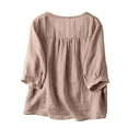 thumbnail image 1 of Women's Linen Boxy Top Patchwork Blouse Casual Loose Fit Round Neck Short Sleeve T-Shirt Breathable Comfortable Summer Tee, 1 of 2