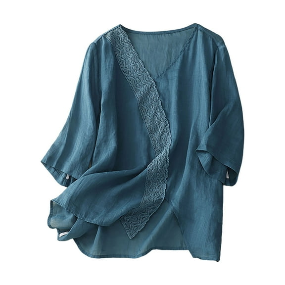 Women's Linen Boxy Top Round Neck Patchwork Blouse Casual Comfortable Breathable Loose Fit Summer T-Shirt