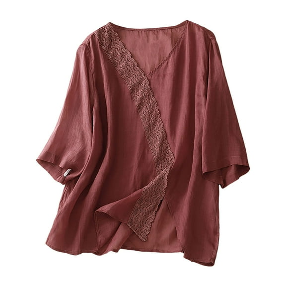 Women's Linen Boxy Top Round Neck Patchwork Blouse Casual Comfortable Breathable Loose Fit Summer T-Shirt