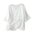 thumbnail image 1 of Women's Linen Boxy Top Round Neck Patchwork Blouse Casual Comfortable Breathable Loose Fit Summer T-Shirt, 1 of 2