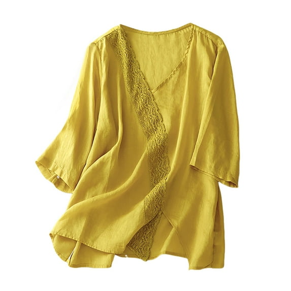 Women's Linen Boxy Top Round Neck Patchwork Blouse Casual Comfortable Breathable Loose Fit Summer T-Shirt