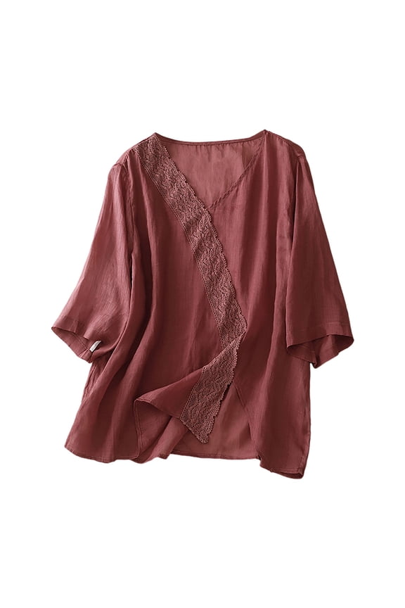 Women's Linen Boxy Top Round Neck Patchwork Blouse Casual Loose Fit Comfortable Breathable Summer T-Shirt