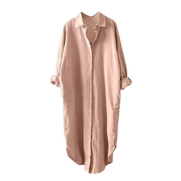Women's Linen Button Down Shirt Dress Long Sleeve Solid Color Tunics Loose Casual Lapel Long Blouses Tops (M, Pink)