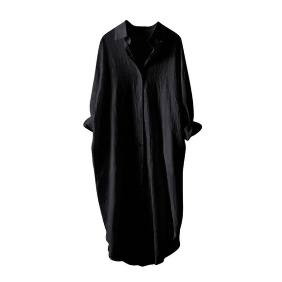 Women's Linen Button Down Shirt Dress Long Sleeve Solid Color Tunics Loose Casual Lapel Long Blouses Tops (S, Black)