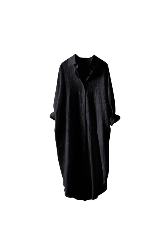 Women's Linen Button Down Shirt Dress Long Sleeve Solid Color Tunics Loose Casual Lapel Long Blouses Tops (XL, Black)