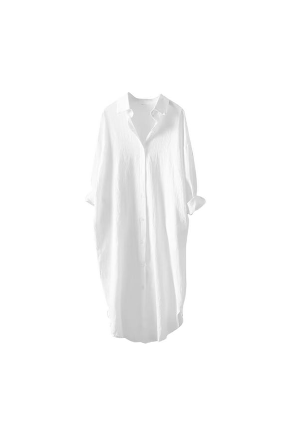 Women's Linen Button Down Shirt Dress Long Sleeve Solid Color Tunics Loose Casual Lapel Long Blouses Tops (XL, White)