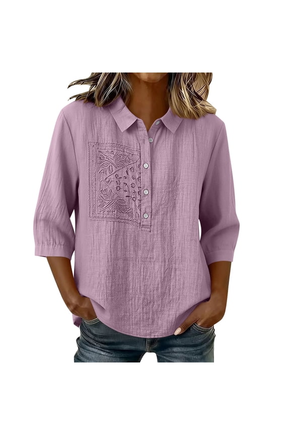 Women's Linen Button Down Shirt Lapel Half Sleeve Pullover Shirt Embroided Casual Loose Fit Basic Blouse