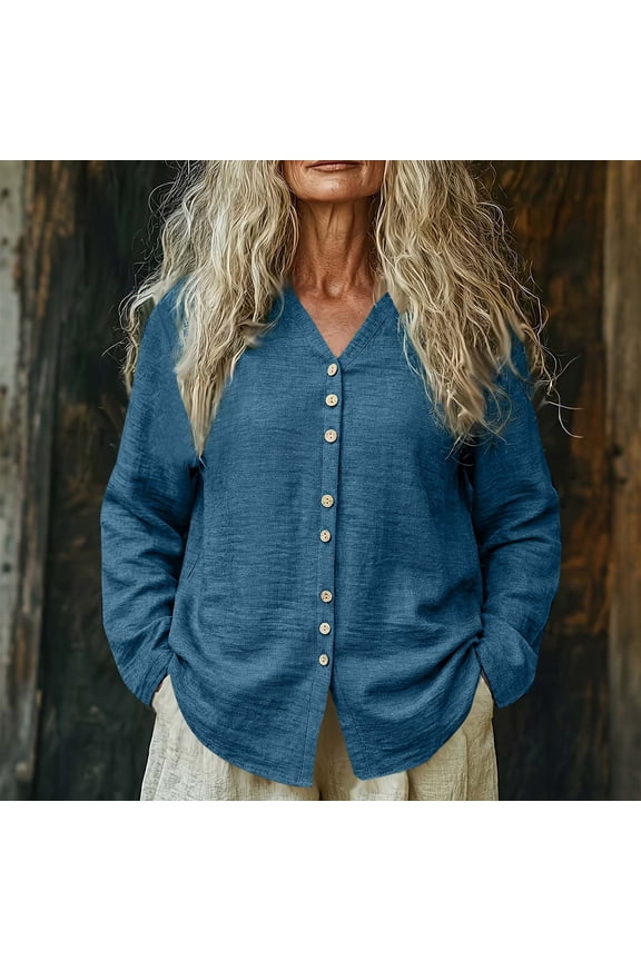 Women's Linen Button-Down Shirt Long Sleeve V-Neck Open Front Blouse for Spring Summer