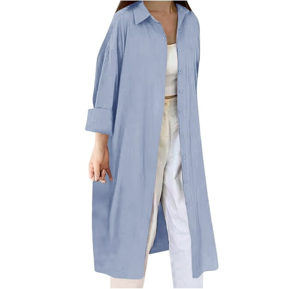 Women's Linen Button Down Shirt Oversized Round Neck Tops Long Sleeve Casual Breathable Shirt Dresses Lightweight Loose Fit Blouse