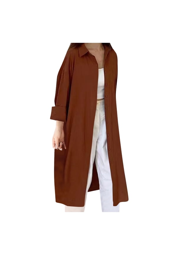 Women's Linen Button Down Shirt Oversized Round Neck Tops Long Sleeve Casual Breathable Shirt Dresses Lightweight Loose Fit Blouse