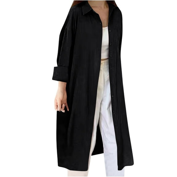 Women's Linen Button Down Shirt Oversized Round Neck Tops Long Sleeve Casual Breathable Shirt Dresses Lightweight Loose Fit Blouse