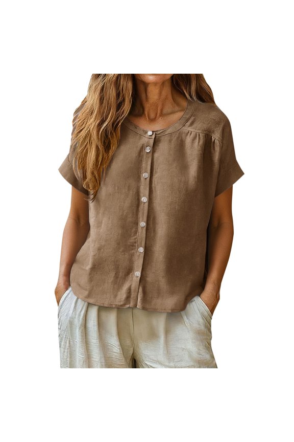 Women's Linen Button Down Shirt Short Sleeve Crew Neck Blouse Soft Loose Fit Lightweight Summer Basic Tops by Yigetop Brown XXL