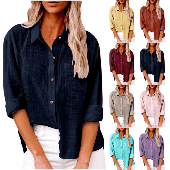 Women's Linen Button Down Shirt for Long Wrinkle-Free Plus Size Clothing Blouse with Pocket for Office Travel Casual