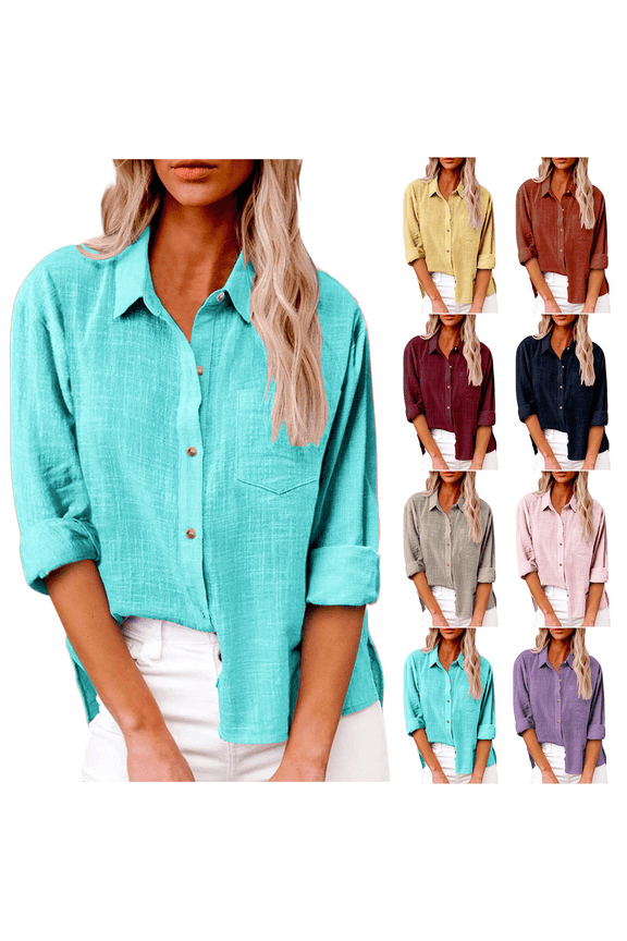 Women's Linen Shirts Plus Size Casual Long Sleeve Button Down Shirts with Pocket Summer Office Travel Lounge Womens Blouse