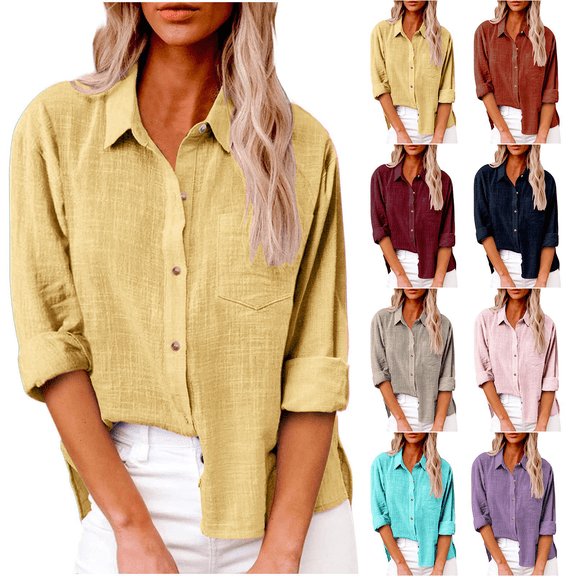 Women's Linen Button Down Shirt for Long Wrinkle-Free Plus Size Clothing Blouse with Pocket for Office Travel Casual
