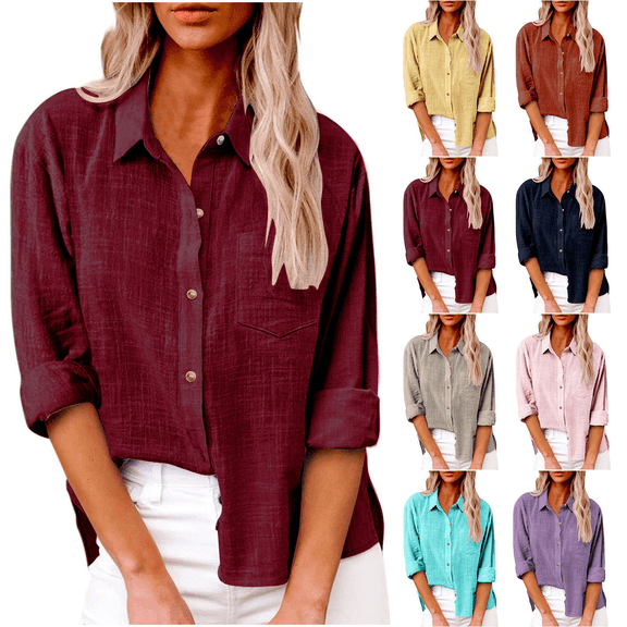 Women's Linen Button Down Shirt for Long Wrinkle-Free Plus Size Clothing Blouse with Pocket for Office Travel Casual