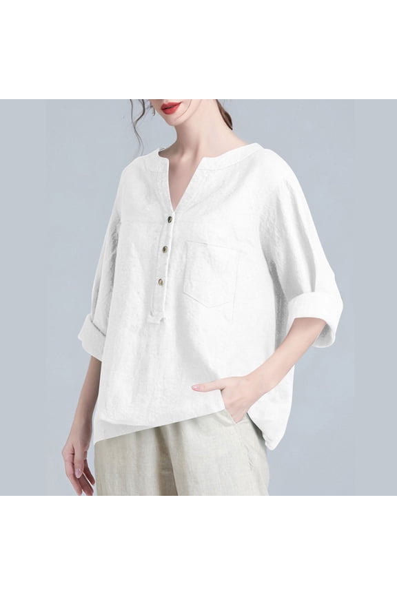 Women's Linen Button Down Shirts Short Sleeve V Neck Tshirts Light Weight Plain Blouses Casual Loose fit Tunic Tops White 2XL