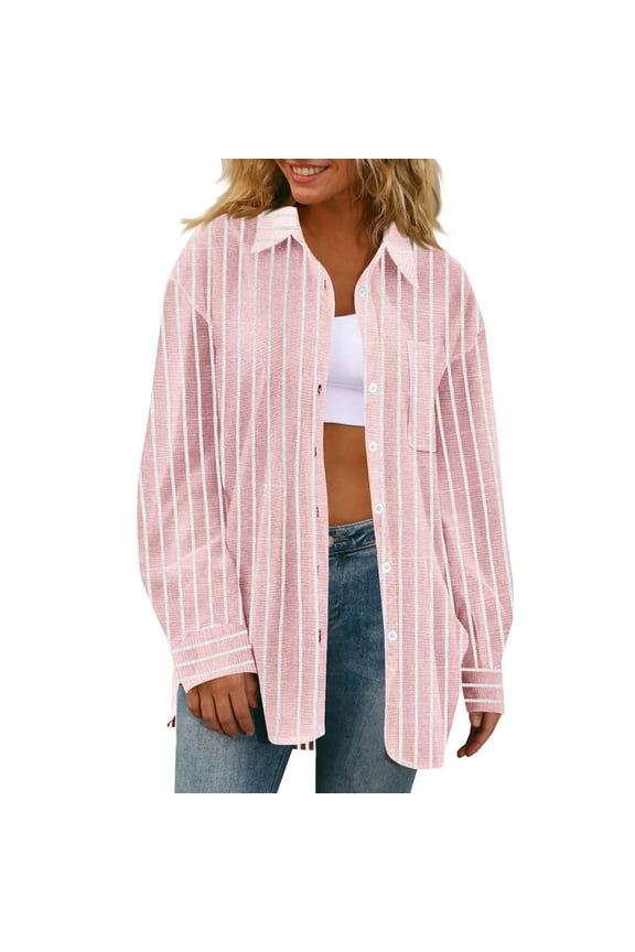 Women's Linen Button Down Shirts with Chest Pocket Loose Long Sleeve Collared Business Casual Blouses Tops (2XL, Pink)