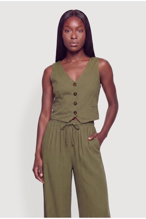 Women's Linen Button Front Blazer Vest