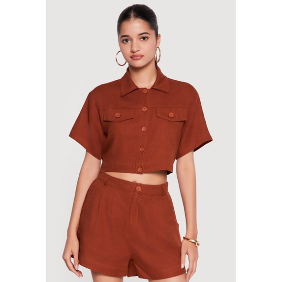Women's Linen Button Front Cropped Shirt
