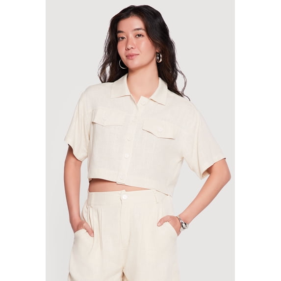 Women's Linen Button Front Cropped Shirt