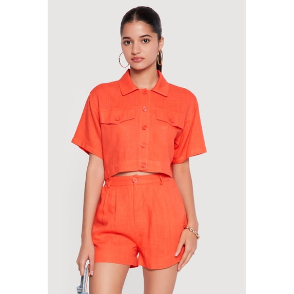 Women's Linen Button Front Cropped Shirt