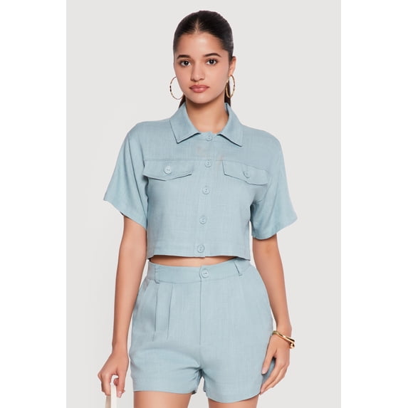 Women's Linen Button Front Cropped Shirt