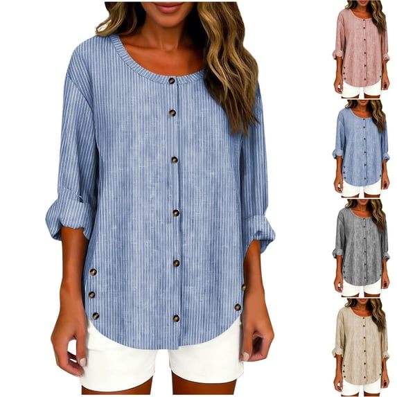 Women's Linen Button Up Round Neck Long Sleeve Shirt Blouse Top, Solid Color Striped Casual Fashion Loose Fit Breathable Summer Vacation | CSEONE,Black L