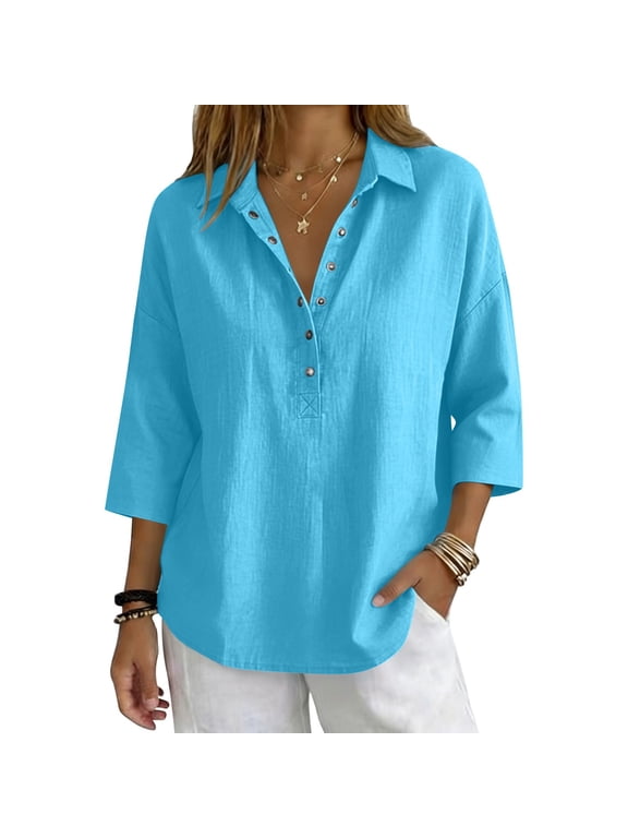 Women's Linen Button Down Shirt Button Shirts Business Work Tops Women's Vintage Tshirts Professional Work Blouses for Women Camp Shirts Linen Blouses for Women V Neck Collared Blue 2XL