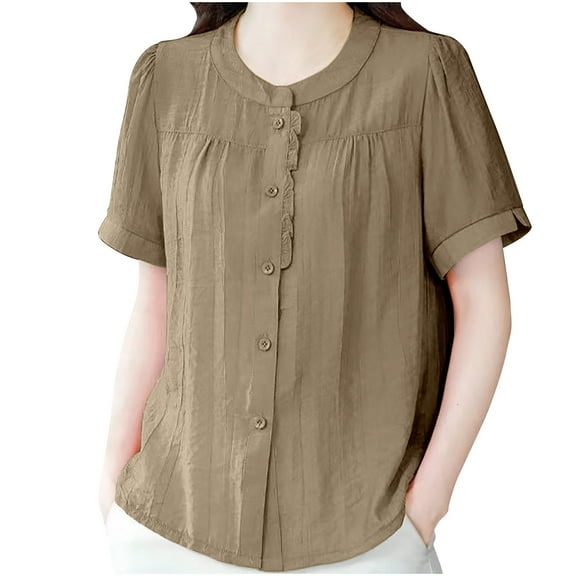 Women's Linen Button down Shirts Summer Casual Crew Neck Short Sleeve Cotton Tops Retro Solid Color Blouses (2XL, Khaki)
